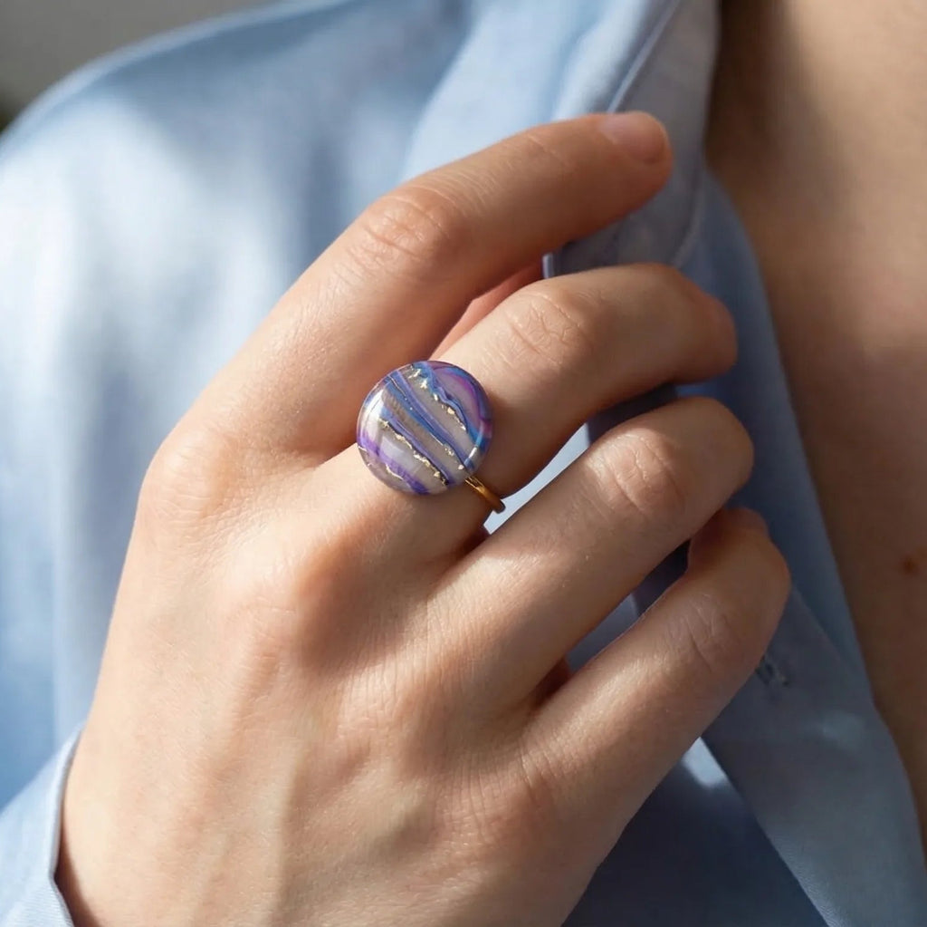 bague galaxie pastel ajustable violet bleu rose bijou fait main acier inoxydable