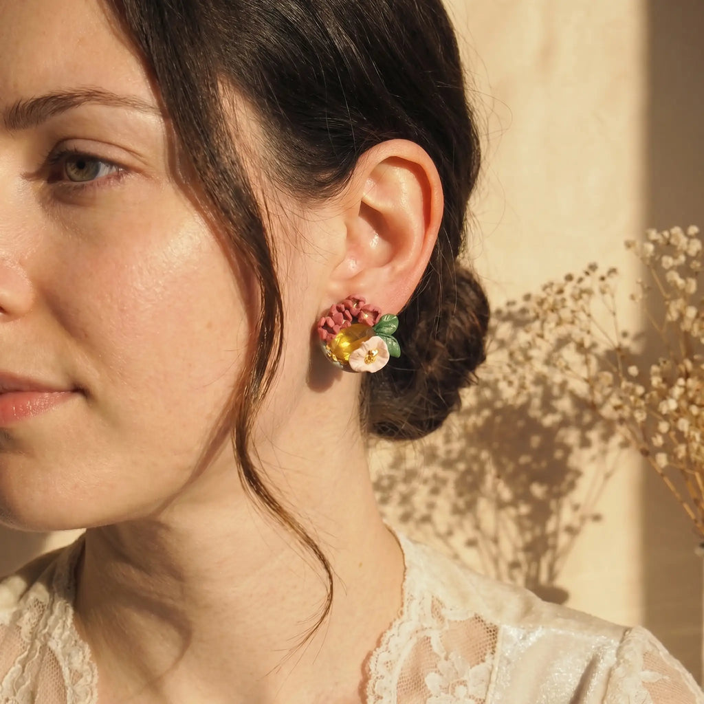 Boucles d'oreilles fleurs roses & cristal doré - Bloom