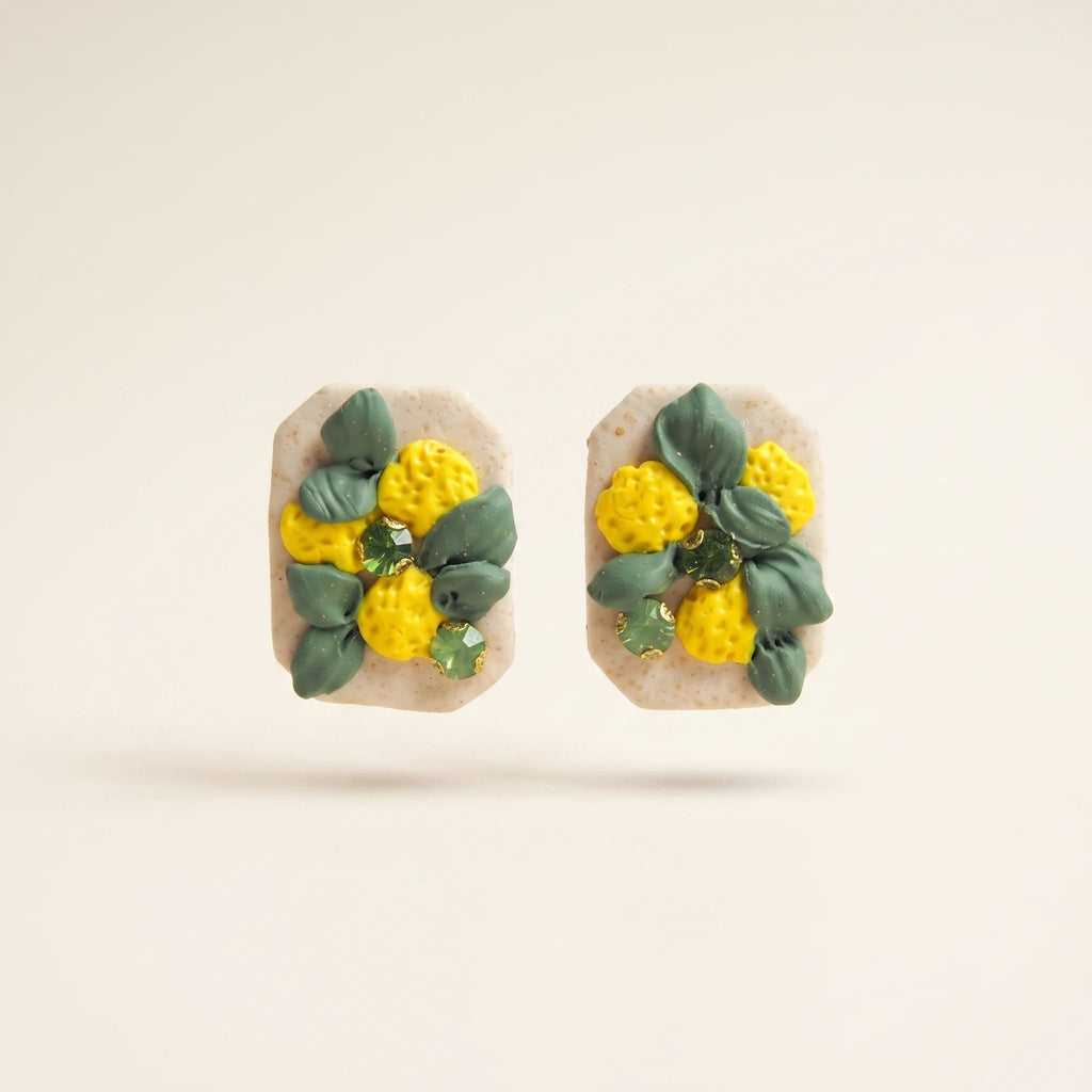 boucles Menton citron et strass vert fait main pâte polymère Flowerinlife