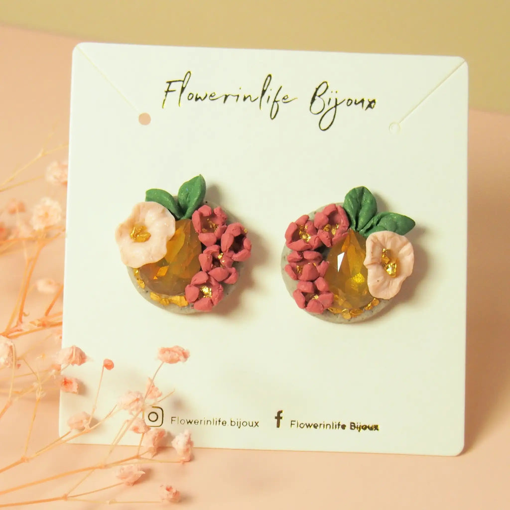 Boucles d'oreilles fleurs roses & cristal doré - Bloom