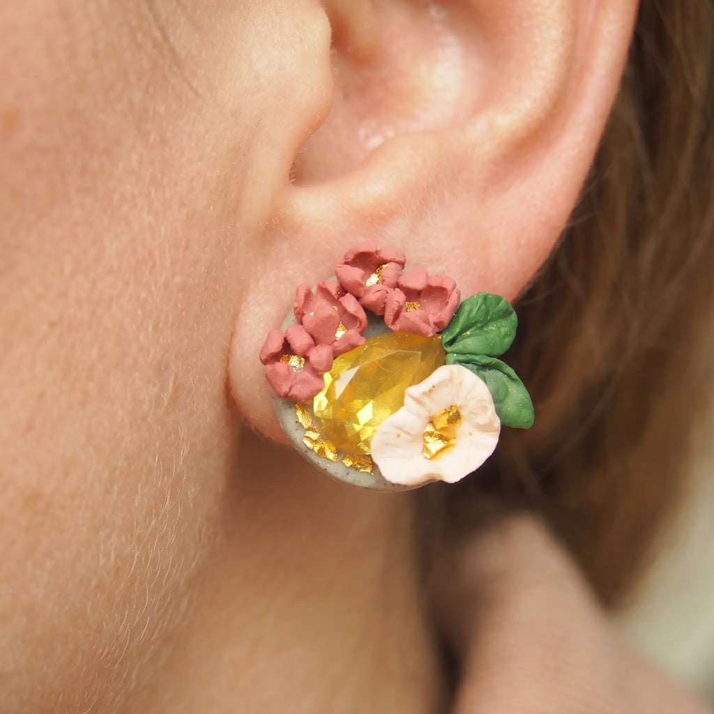Boucles d'oreilles fleurs roses & cristal doré - Bloom