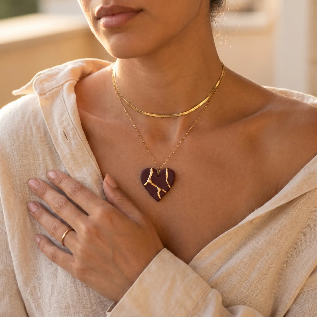 Collier cœur Kintsugi  bordeaux - Empreinte