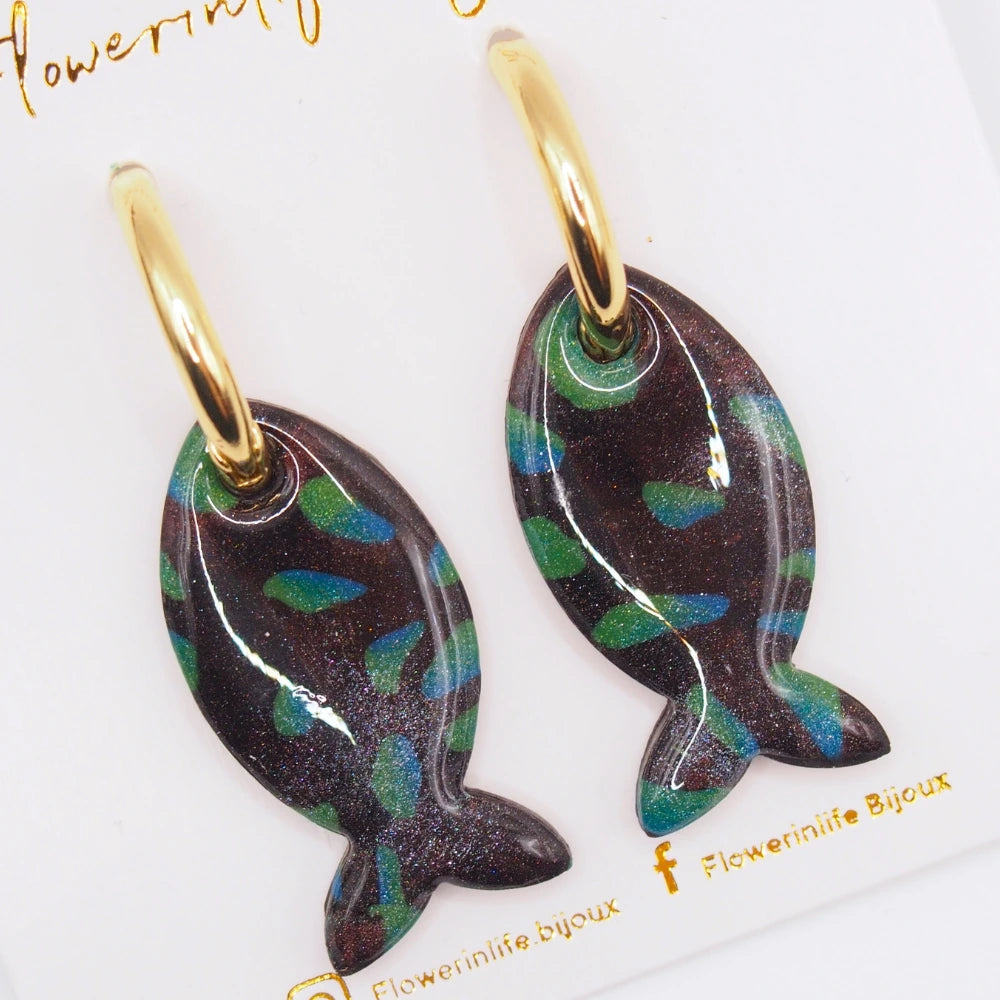 boucles oreilles poisson fond marin creoles bijou mer fait main pate polymere